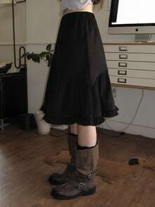 Japanese Style Elastic Waist Asymmetrical Ruffle A-Line Skirt - Black - View 5