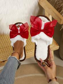 Sweet Pink Large Bow Plush Slippers Women Autumn Winter Warm Indoor Open Toe One-Strap Fuzzy Slippers - Red - View 5