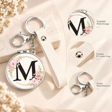 1pc 26 Letters Optional Floral Design Double-Sided Portable Makeup Mirror, 1X High Definition Mirror 180° Foldable PU Leather Pendant, Girls Bag Keychain Mirror/Bag Charm - Multicolor - View 6