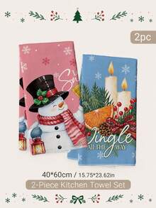 2PCS Kitchen Towel, Dopamine Christmas Snowman Candle Pattern Kitchen Towel Dish Cloth, Watercolor Style 40*60cm Rectangular Soft Microfiber Cleaning Kitchen Towel, Perfect For Kitchen, Dining Room And Bathroom Use, Christmas Kitchen Decoration, Home Decor, Neighbor Housewarming Gift, Dish Cloth - Multicolor - View 3