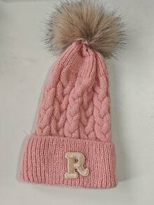 1PC Baby A-Z Letter Pink Knitted Hats Faux Fur Pom Pom Decor Cable Caps For Knit Baby Dome Hat Warm Hat Cold Weather Accessories - Pink - View 5