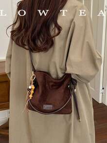 low tea 1pc Small Bucket Suede Crossbody Bag With Adjustable Strap, Suitable For Commuting, Shopping, Etc. (With Pendant) - Coffee - View 12