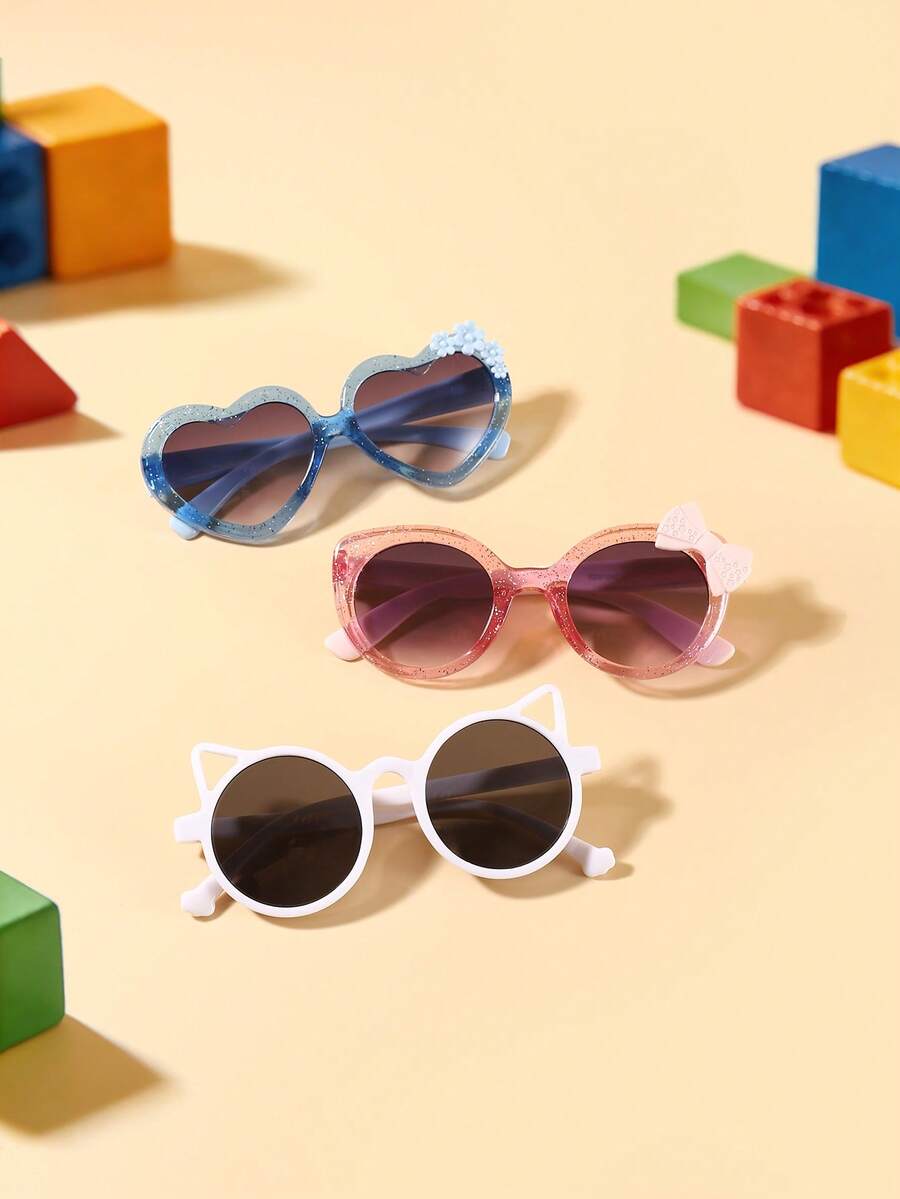 1set 3pcs Kids 3-8Y Heart & Cat Ear PC Frame Fashion Glasses, Cute Style For Party & Vacation With Glasses Box - Multicolor - View 1