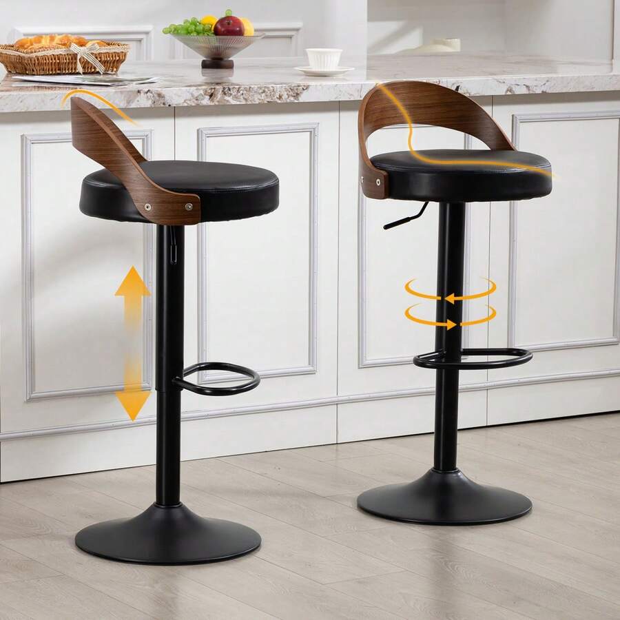 Set Of 2 360° Swivel Bar Stools / Retro-Style Bar Stools / With PU Leather Seat Cushion / Oversized Footrest Design / Easy To Assemble / Suitable For Kitchens, Restaurants, Bars - Black - View 1