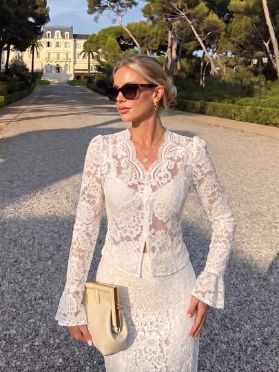 Spring/Autumn Women's Lace Top, Hollow V-Neck Long Sleeve Slim Fit Lace Cardigan, French V-Neck Hollow Lace Cropped Top, Flare Long Sleeve Button Front Slim Fit Sexy Sheer Blouse, Floral Lace, Sheer, Cropped Top, V Neck, Flare Long Sleeve, Button Front, Slim Fit, Blouse, Wedding Season