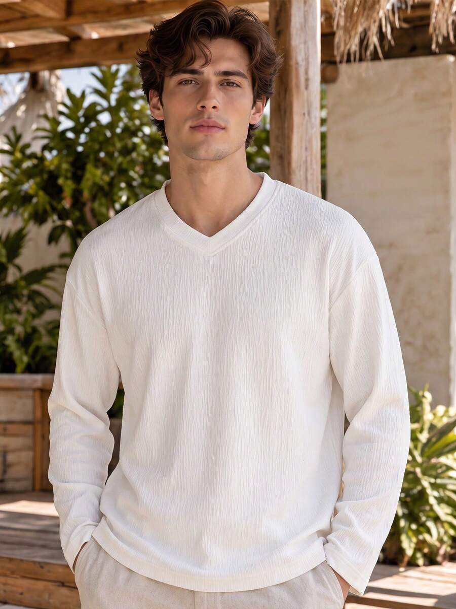1pc White Textured Long Sleeve V-Neck Men's T-Shirt, Soft Knit Fabric Pullover Top, Casual Vacation Style, Machine Washable, Suitable For Island, Beach, Travel And Outings - White - View 1