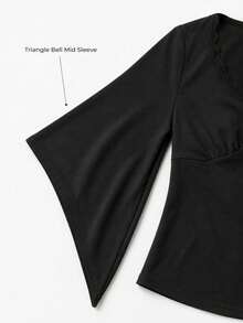 Women's Elegant Deep V-Neck Short Top, 3/4 Flare Sleeves, Fitted Ruched Waist, Basic T-Shirt Suitable For Casual Daily Wear - Black - View 6