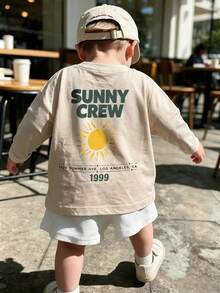 1pc Baby Boy Casual Printed Crew Neck Pullover Long Sleeve T-Shirt, Autumn Children's Top - Apricot - View 1