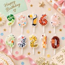 HIBIRTH 1pc Happy Birthday Cake Number 0-9 Candle, Cartoon Animal Creative Party Decorative Candle, Tiger, Monkey, Giraffe - Animal Number Candles - View 2