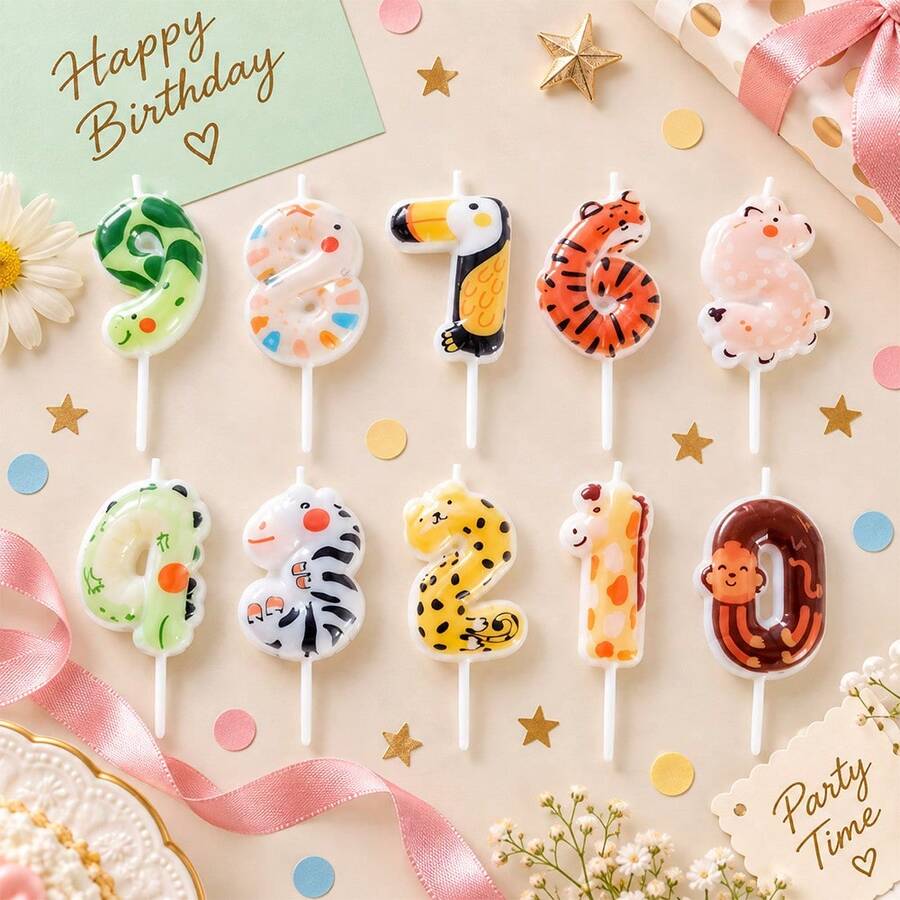 HIBIRTH 1pc Happy Birthday Cake Number 0-9 Candle, Cartoon Animal Creative Party Decorative Candle, Tiger, Monkey, Giraffe
