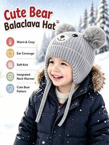 1pc Baby Ear Flap Buckle Design, Cartoon Bear Pom-Pom, Warm And Stylish Ribbed Winter Knitted Hat For Infants. - Multicolor - View 3
