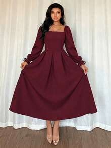 Elegant Women's Burgundy Square Neck A-Line Midi Dress With Long Pleated Ruffle Sleeves, Suitable For Autumn Formal Occasions (Holiday Red) - Burgundy - View 5
