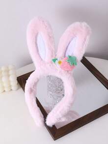 1pc/2pcs Girls White & Pink Plush Rabbit Ear Headband, Soft Plush Rabbit Ear Headband With Strawberry Flower Decoration, Cute Sweet Hair Accessory, Suitable For Children's Daily Wear, Party, Ball, Holiday Decoration - Multicolor - View 5