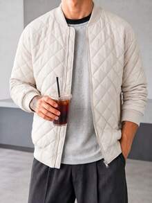 Blueprint Man 1pc Men's White Diamond Quilted Baseball Collar Jacket, Smooth Metal Zipper Closure, Symmetrical Side Pockets, Loose Drop Shoulder Fit, Casual Commute Daily Layering, Minimalist Casual Style - White - View 9