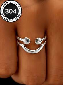 1pc Minimalist, Fun, Adjustable Open-Face Ring Features A Delicate And Playful Openwork Smile Design Made Of High-Quality, Hypoallergenic Stainless Steel. It's Fade-Resistant, Simple, Elegant, And Fashionable, Suitable For Both Men And Women. Perfect For Everyday Wear, Parties, Dates, Vacations, And As A Stylish Autumn/Winter Accessory. - Face - View 4