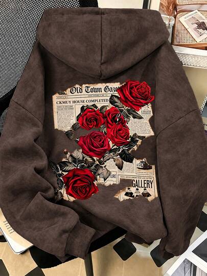 Rose Print Washed Sweatshirt, Plus Size Women's Casual Autumn/Winter Long Sleeve Pocket Hooded Washed Sweatshirt, Suitable For Winter Holiday Outfits, Beach Outfits, Vacation Outfits, Halloween Outfits, Thanksgiving Outfits, Christmas Outfits, New Year Outfits. Suitable For Daily Wear, Going Out Tops, Outings, Holidays, Beach, Parties, Birthdays, Beach, Balls, School, Graduation, Luxury, Vacation, Commuting, Fitness, Weddings, New Year, Fashionable, Winter Tops, Women's Autumn Outfits, Holiday Clothing