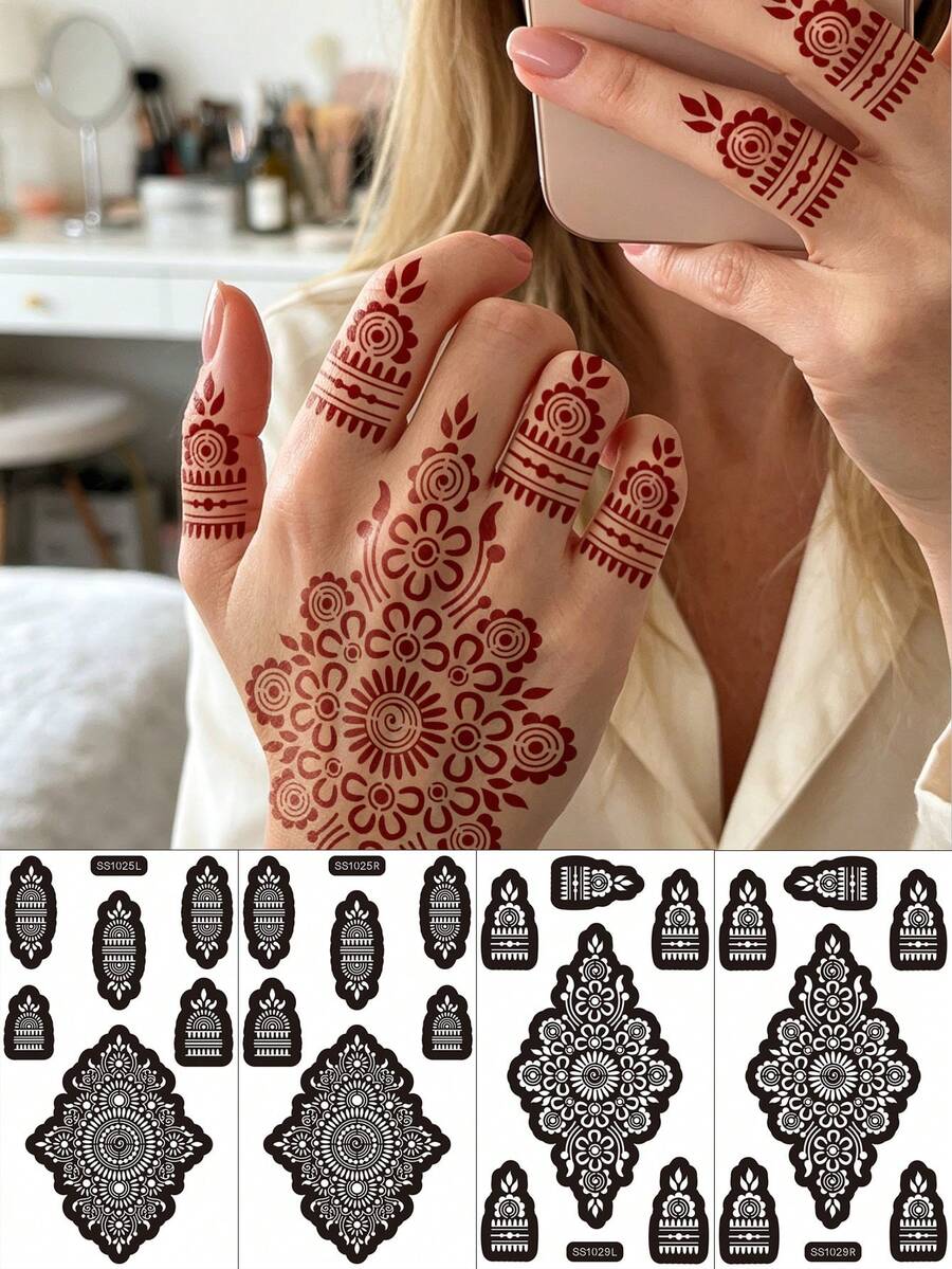 4pcs Henna Style Mandala Tattoo Stencils, Symmetrical Mandala Geometric Floral Body Art Templates, Suitable For Full Hand, Wrist, Finger DIY Body Painting,Formulated Without Henna