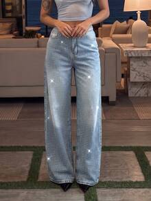 European Style Rhinestone Embellished Shiny Straight Leg Jeans For Women, All Season New Fashion Heavy Workmanship Premium Wide Leg Pants - Light Wash - View 3