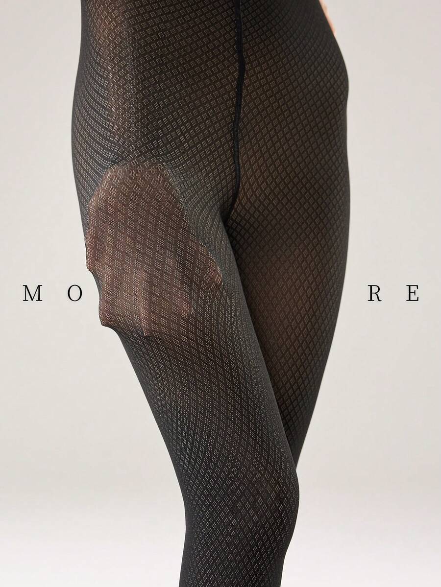 MOIRÉALLURE 1Pair SHEER EFFECT Jacquard Pattern Tights For Daily Life - Black - View 1