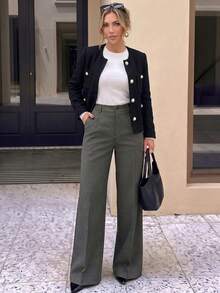 Women's Vintage Pinstripe Wide Leg Trousers, High Waist Drapey Straight Leg Flare Pants, Slimming And Height-Enhancing Leg-Flattering Design, Versatile Casual Pants For Commute And Workplace, Spring/Autumn New Elegant Loose Suit Pants, Simple All-Match Style For Daily Wear - Multicolor - View 7