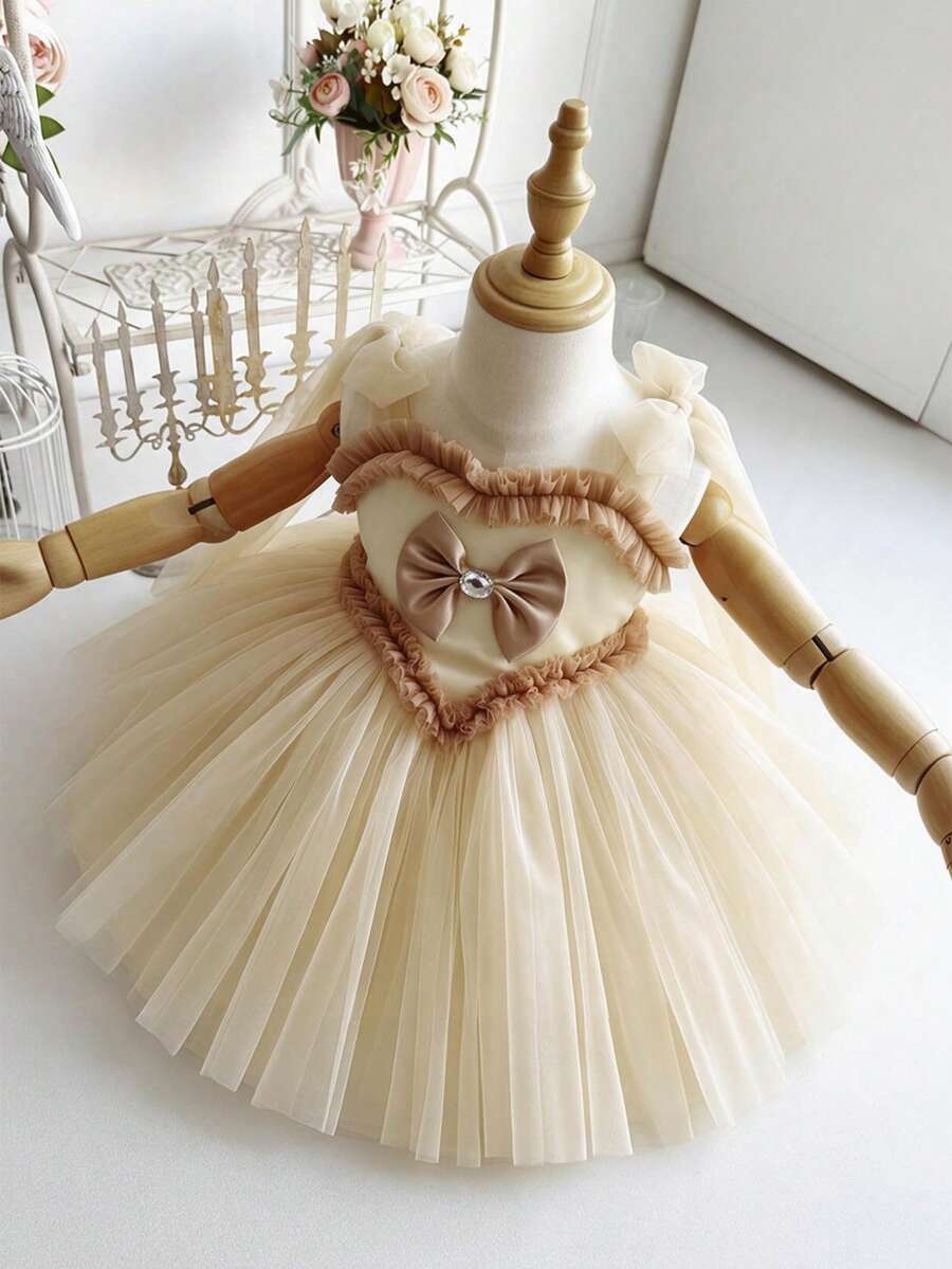 Baby Girl Spaghetti Strap Bow Mesh Princess Dress, Girls Dress Suitable For Birthday Party, Flower Girl, Wedding, Halloween And Other Important Occasions - Khaki - View 1