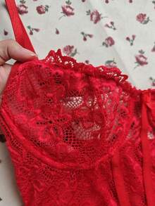 SOFUSEN Nude Lace Nightgown, Sexy Lace Mesh Strap Nightgown, Ruffle Hem, Suitable For Bedroom Wear, Sexy Lingerie - Red - View 7