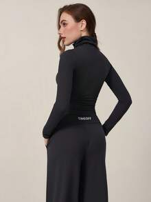 TimeOff Women's One Set Autumn/Winter Solid Color High Neck Long Sleeve Top With Side Pockets And Pleated Wide-Leg Pants - Black - View 7
