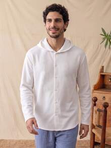 glestore Men's Retro-Style Long-Sleeve Waffle-Weave Hooded Shirt-Stylish, Versatile For Commuting And Casual Wear. Perfect For Spring, Fall, And Winter. - White - View 5