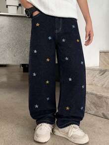 Boys' Mid-Waist Star Embroidered Loose Wide Leg Streetwear Black Denim Jeans - Black - View 1