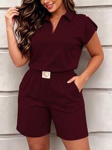 Women's New Fashion 2 Pieces Casual Set, Solid Color Short Sleeve Top With Heart Brand Print Shorts, Spring Break Casual Wear Elegant Summer - Wine Red 29 - View 2
