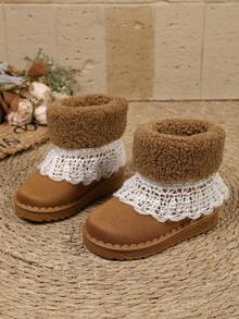 Sweet Lace Trim Girls' Boots, Beige Almond Color, Shiny Surface, Slip-On Style, Thick Fleece Lining, Non-Slip, Princess Style, Versatile Comfortable Ankle Boots For Kids - Khaki - View 6