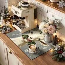 1pc Christmas Series Christmas Lamb Holly Snowflake Pattern Printed Coffee Bar Mat, Drainage Mat, Coffee Machine Soft Bottom Diatom Mud Drainage Mat, Soft Rubber Drainage Mat, Super Absorbent Wear-Resistant Dish Drying Mat, For Countertop Restaurant Kitchen Table Mat, Patio Dining Table Decor, Home Kitchen Supplies, Countertop Decor Mat - Multicolor - View 4