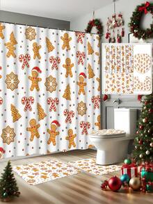 1/4 Piece Bathroom Curtain Set, Includes Non-Slip Rug, Toilet Lid Cover And Bath Mat, Christmas Gingerbread Man Candy Cane Snowflake Pattern Waterproof Shower Curtain, With 12 Hooks, Suitable For Bathroom, Size 70.8*70.8 Inches - A - View 5