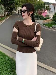 1pc Women's Slim Fit Long Sleeve Knit Top, Cutout Sleeve Design, Autumn/Winter Inner Layer Base Layer - Coffee Brown - View 3