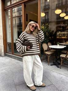 Women's New Autumn Colorblock Striped Knit Sweater For Daily Commute, College, Travel - Flower Coffee - View 5