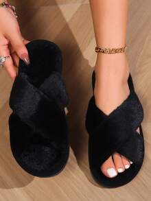Zapatillas de mujer con correa cruzada de felpa, antideslizantes para interiores - Negro - Ver 1
