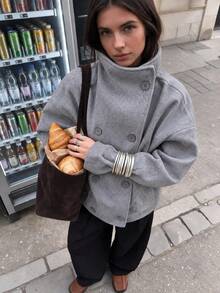 Women's Solid Color Vintage Double-Breasted Funnel Collar Coat, Long Sleeve Regular Fit Jacket, Suitable For Autumn/Winter Commuting - Light Grey - View 2