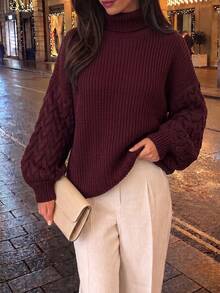 Women's Burgundy High Neck Knit Sweater, Bishop Sleeve Design, Comfortable And Fashionable, Autumn/Winter Essential Top - Burgundy - View 2