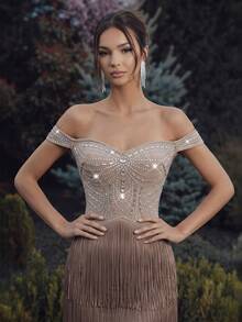Gaun Maxi FEELAIR Baru yang Elegan dengan Tali Bahu Tebal, Hiasan Berlian Imitasi Buatan Tangan, dan Rumbai, Cocok untuk Tamu Pernikahan, Pesta Liburan, dan Gaun Malam Formal Wanita - Aprikot - View 2
