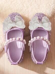 Zapatos Mary Jane para niñas 2026 Azul/Morado con correa de gancho y bucle de perla, lazo de malla de doble capa, cristales iridiscentes, suela plana de goma ligera y antideslizante, adecuados para uso diario, escuela, salidas, sesiones de fotos, fiestas de cumpleaños! - Morado - Ver 2