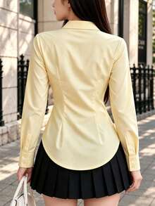 Women's Slim Fit Button Down Shirt Long Sleeve Waist Pleated Collared Blouse Business Casual Curved Hem Work Office Tops - Yellow - View 2