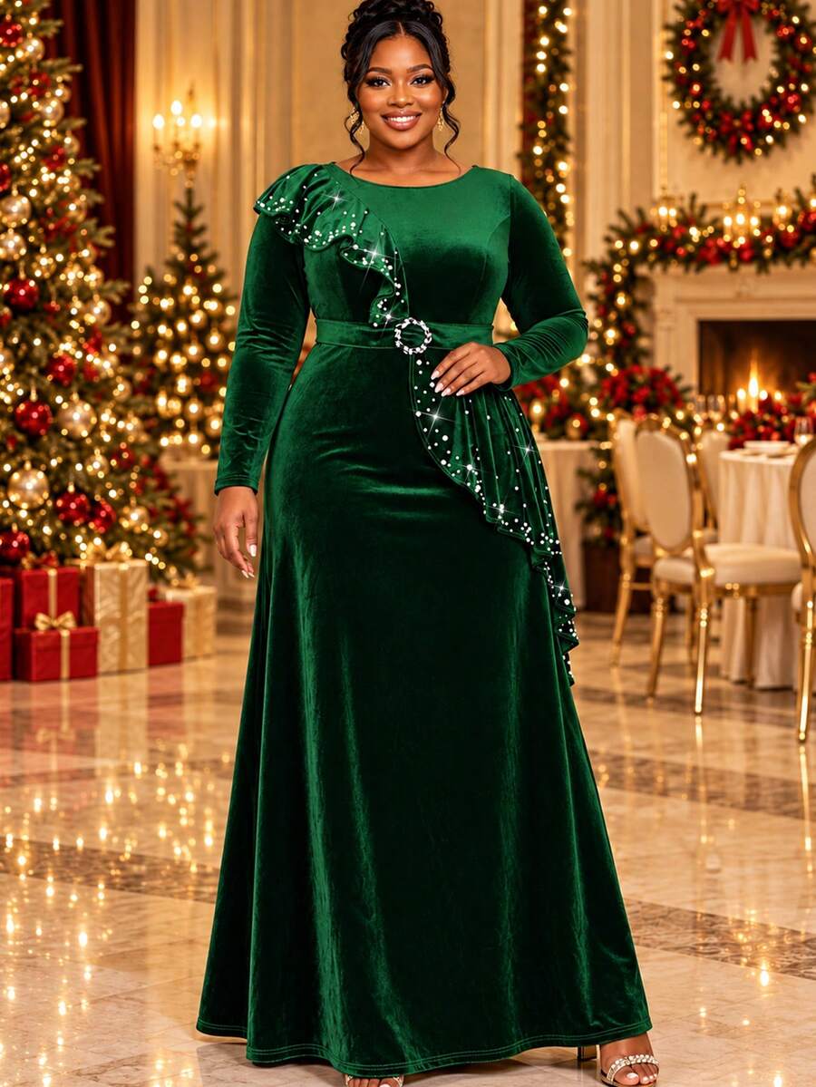 Plus Size Green Velvet Maxi Dress Long Sleeve Beaded Ruffle With Rhinestone Buckle Belt Bodycon Formal Evening Church Wedding Guest Gown Fall Outfit - Dark Green - View 1