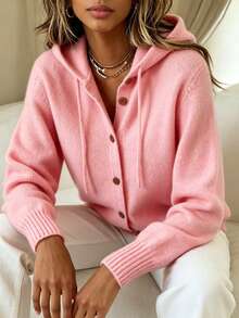 2026 European And American Buttoned Knitted Hooded Cardigan Sweater Jacket, New Autumn And Winter Solid Color Casual Fashion Women's Clothing - Pink - View 5