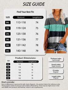 Plus Size Women Striped V-Neck Casual T-Shirt Summer - Grey - View 5