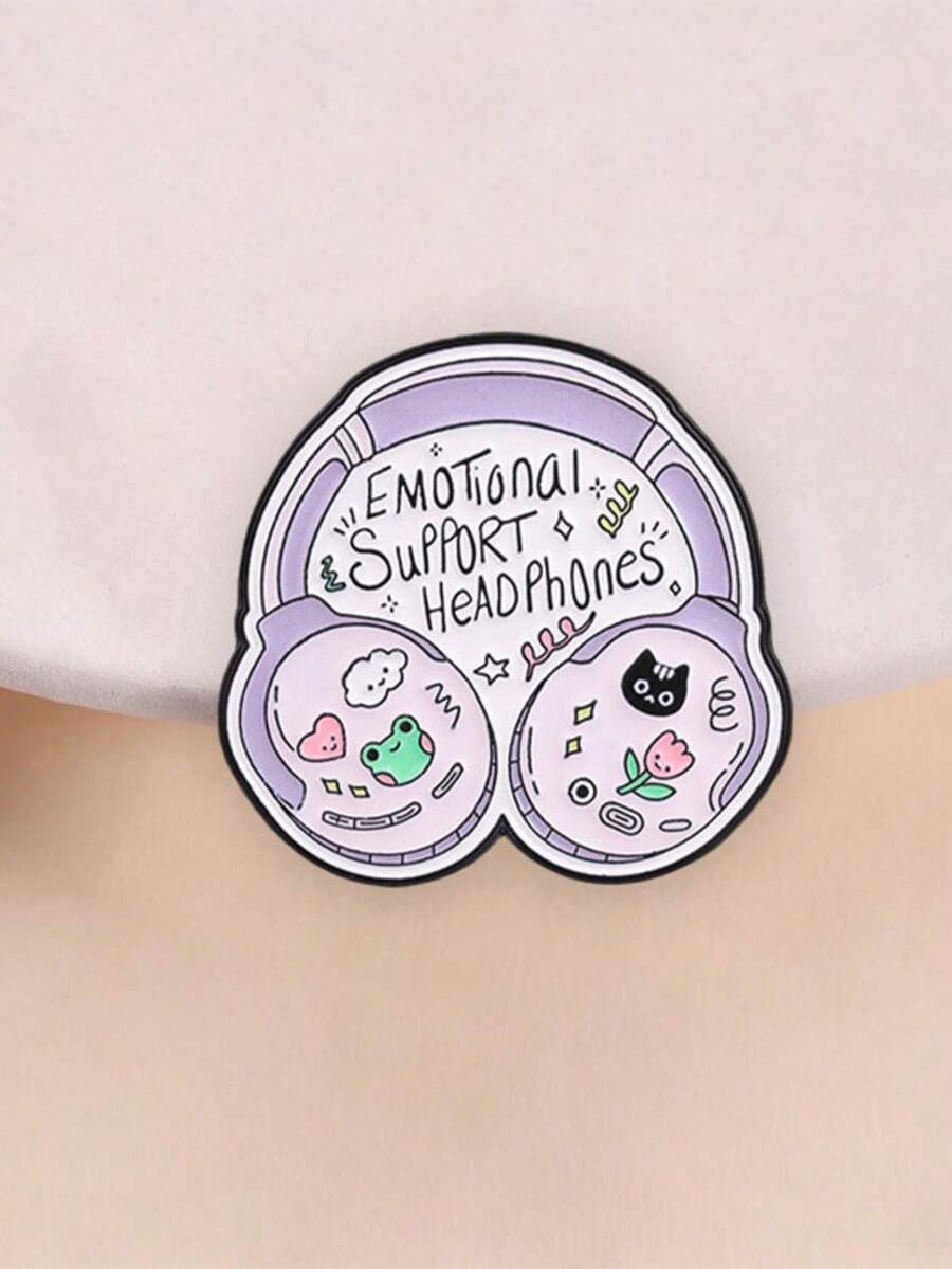 1pc Cute "EmotionalSupport Headphones" Enamel Pin,Cartoon Frog And Black Cat Stamp Badge,Fashion Accessory For Clothes And Bags,Gift For Music Lovers - Multicolor - View 1
