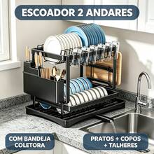 Escorredor de Cozinha de Camada Dupla, Escorredor de Louças e Pratos, Porta Pratos e Copo para Bancada - Preto - Visão 2