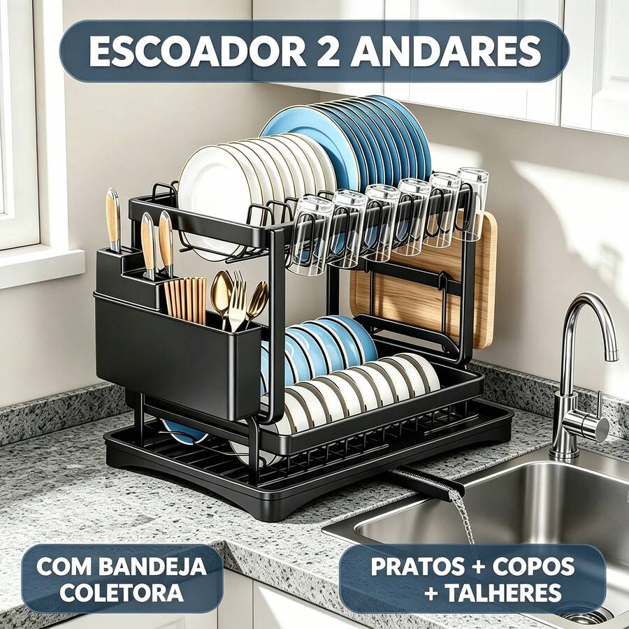 Escorredor de Cozinha de Camada Dupla, Escorredor de Louças e Pratos, Porta Pratos e Copo para Bancada
