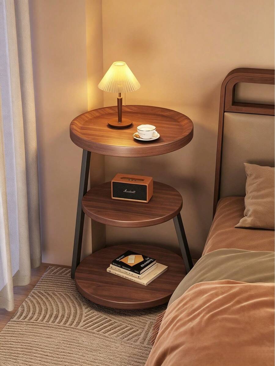 1pc 3-Tier Round Side Table, Wood Grain Tabletop With Metal Frame, Stable Structure, Space-Saving, Easy Assembly, Multi-Layer Storage End Table, Suitable For Living Room, Bedroom, Balcony And Apartment. - Multicolor - View 1