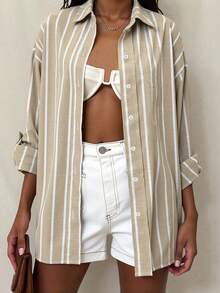 Casual Versatile Striped Collar Design Button Cuff Cotton Linen Shirt, New Style Suitable For Autumn, Summer, Vacation Outings For Women Spring - Khaki - View 6