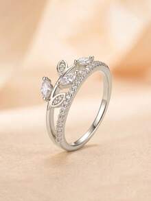 1 pieza Anillo de hoja de plata con circonita marquise y engaste pavé completo, joyería de moda inspirada en la naturaleza, adecuado para el uso diario de la mujer o compromiso - Plateado - Ver 10